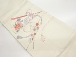 銀駒刺繍扇に牡丹・菊唐草模様名古屋帯